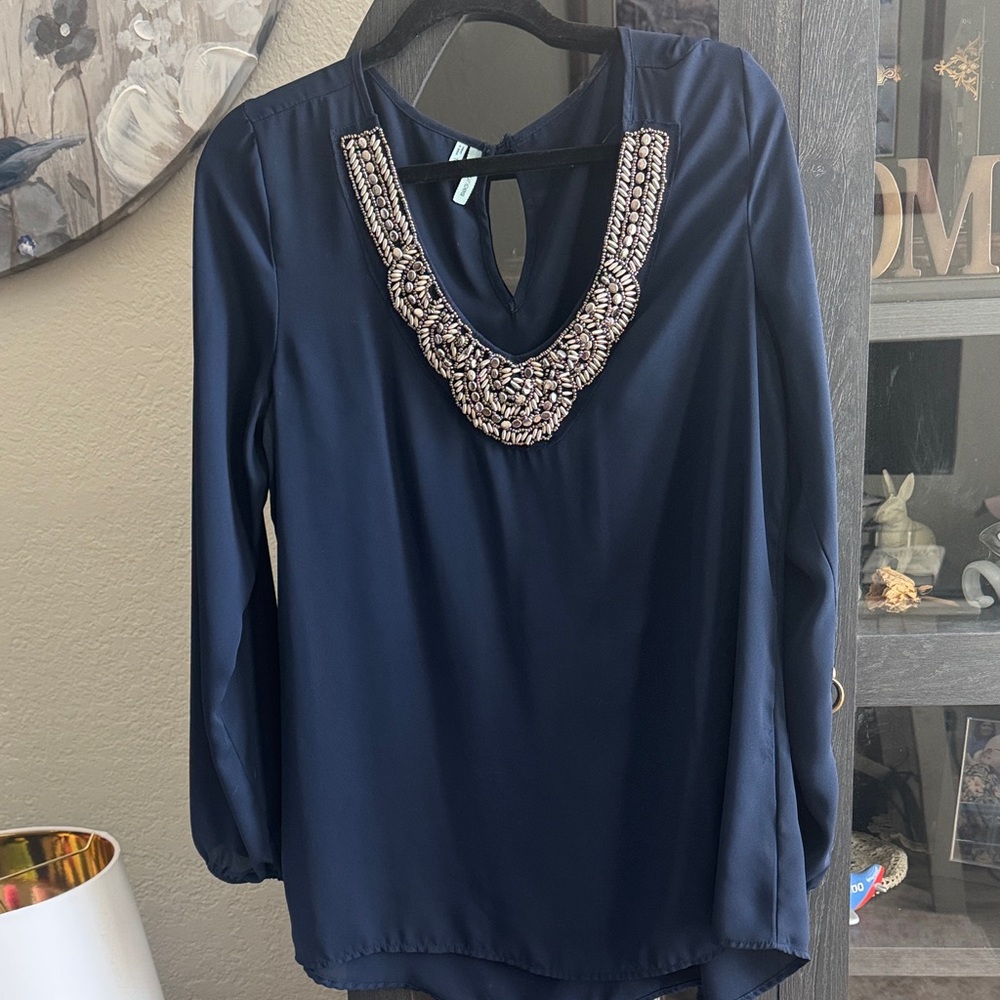 Maurices Navy Beaded V-Neck Long Sleeve Blouse